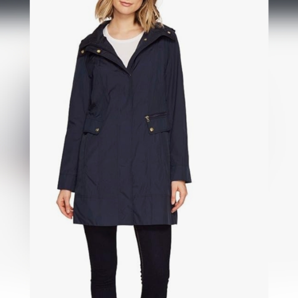 Cole Haan Women's Packable Hooded Rain Jacket with Bow Indigo Blue Small